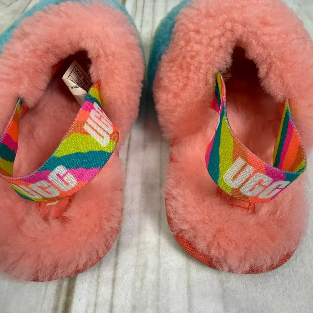 UGG Kids Rainbow Fur Fluff‎ Yeah Slides Slippers Pink Blue Yellow Size 9 Toddler